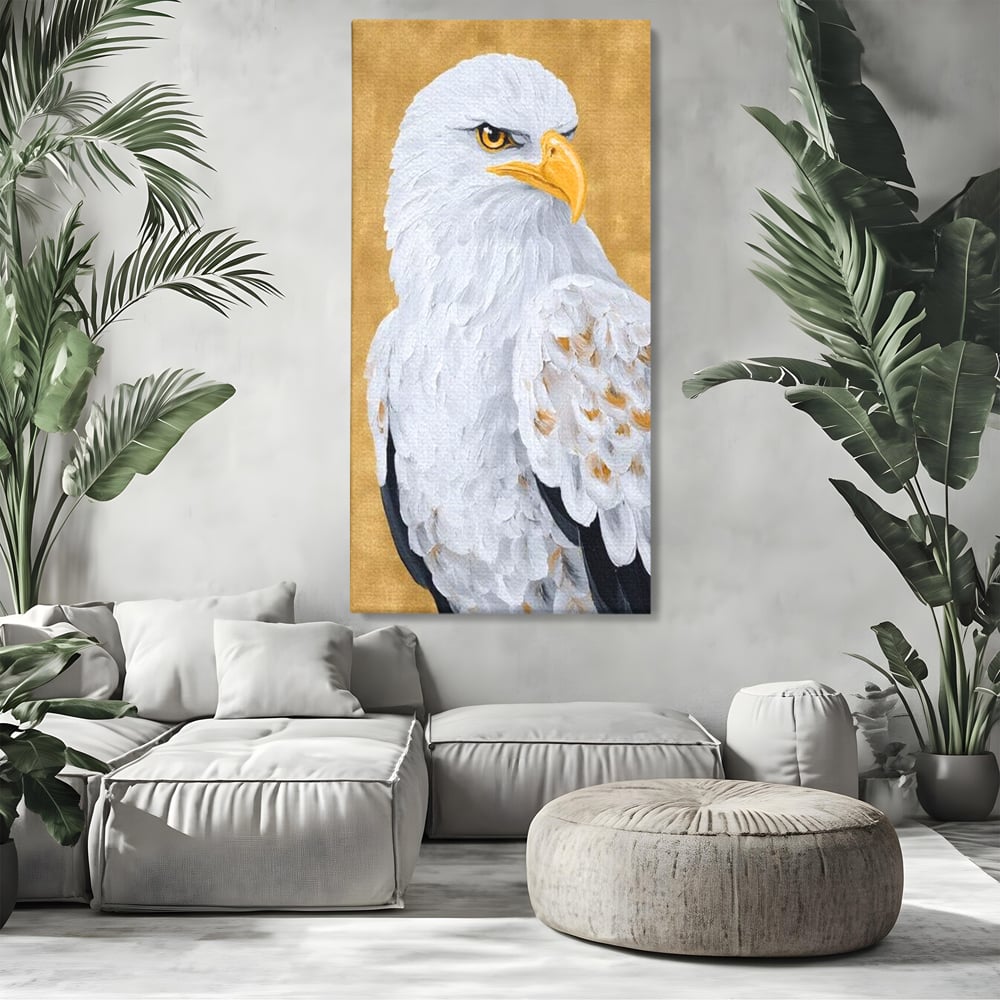 Tablou canvas cu tablou canvas cu vultur alb, fara rama, pe sasiu de lemn, pe perete intr-un living